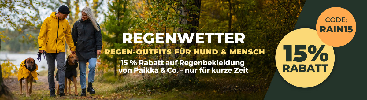 15 % Rabatt auf Regenoutfits für Hunde und Menschen von Top-Marken